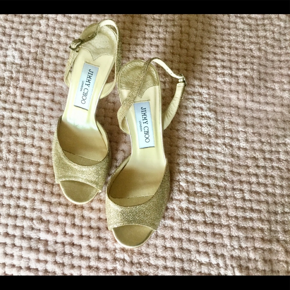 Jimmy Choo gold metallic open toe sling back